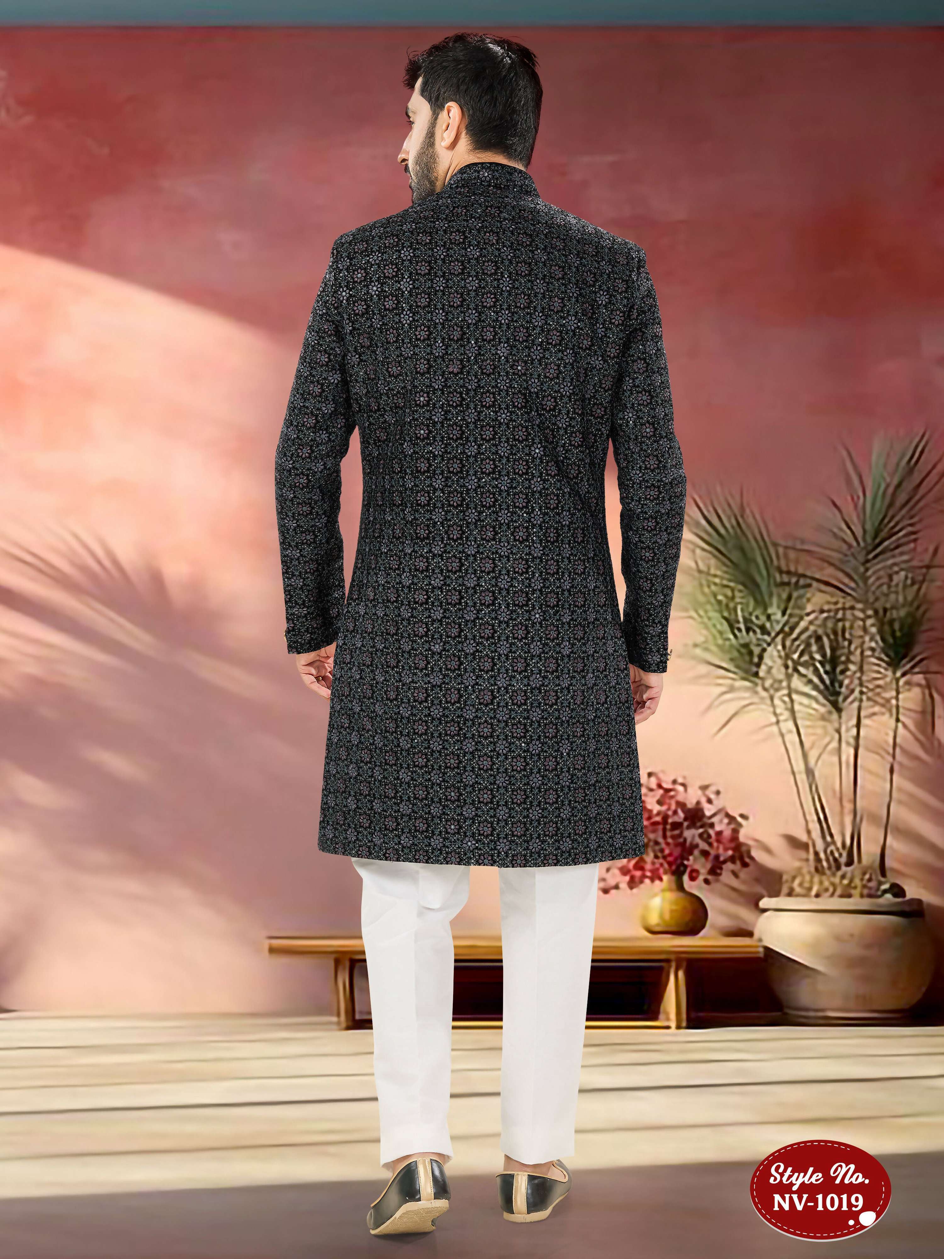Men's Blue Velvet Indo-Western Kurta Set with Sequence Embroidery