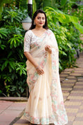 Offwhite pure linen saree with pencil stitch embroidery and heavy phantom silk blouse