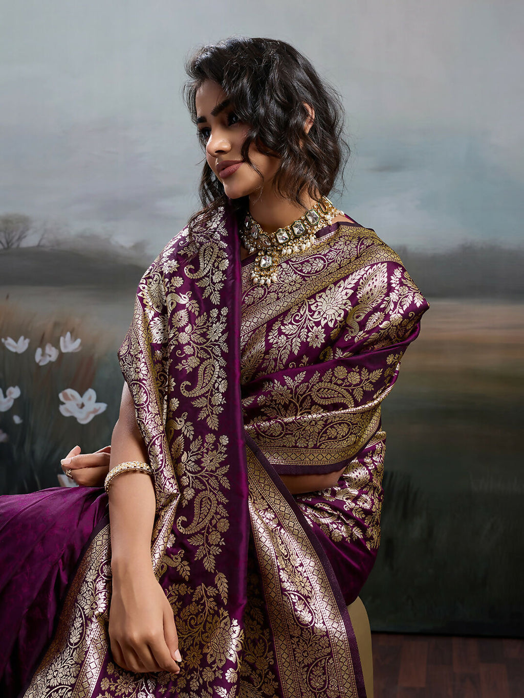Wine Silk Blend Saree with Coordinating Blouse Piece