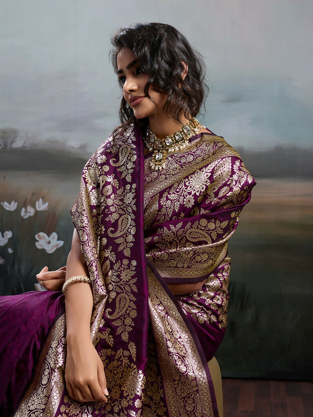 Wine Silk Blend Saree with Coordinating Blouse Piece