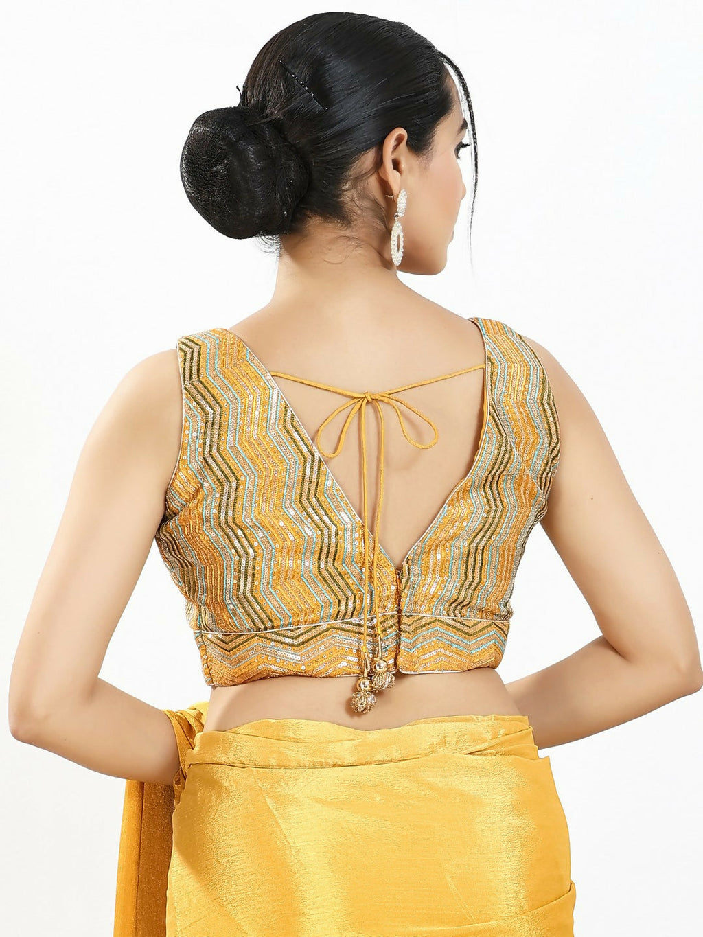 Joban Fashion Yellow Multi Silk Padded Blouse With V Neck Sleeveless