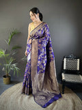 Violet soft silk Banarasi saree with floral Meenakari ethnic motifs