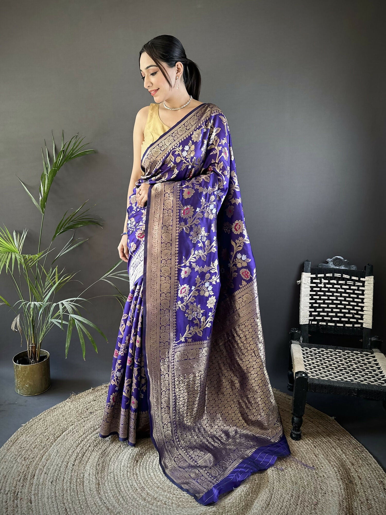 Violet soft silk Banarasi saree with floral Meenakari ethnic motifs