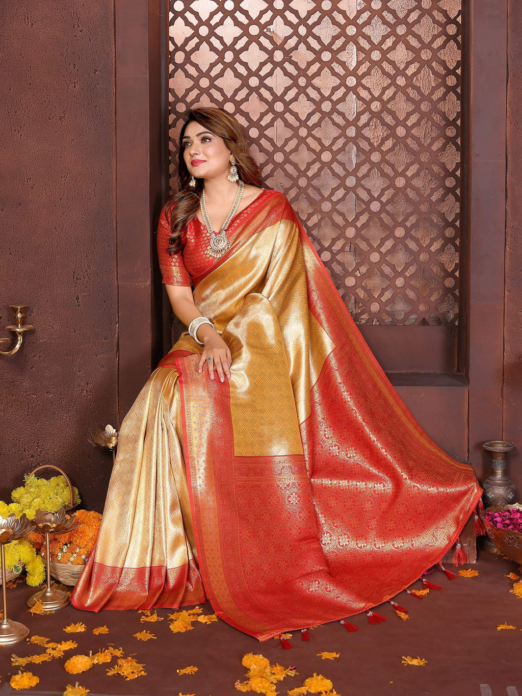 Cream Tissue Silk Woven Saree with Elegant Sheen