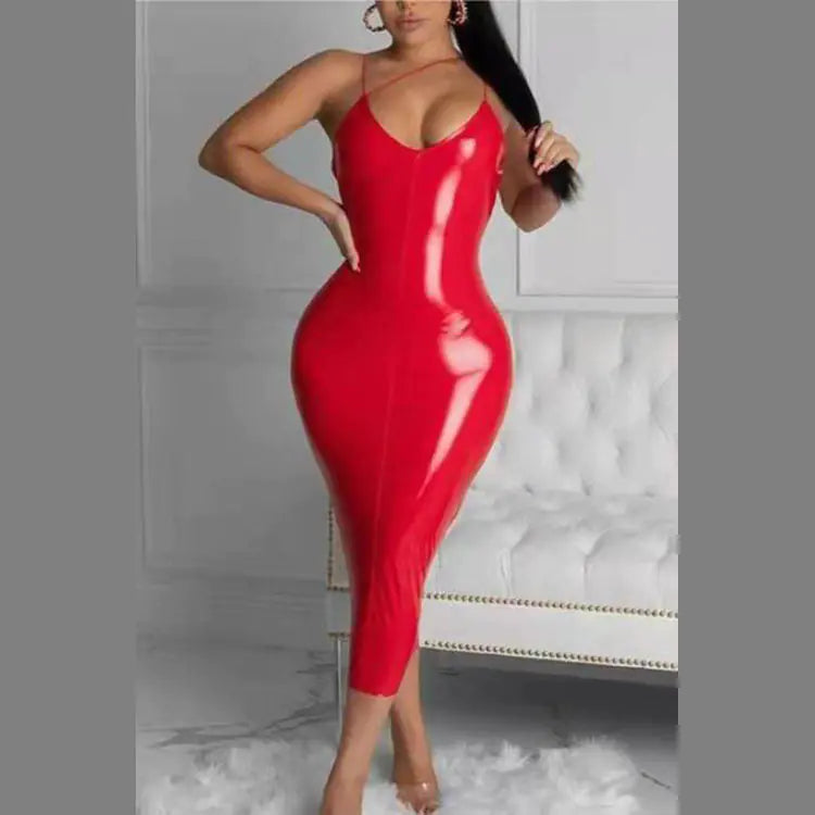 Women's Sleek Leather Midi Dress with Asymmetric Strap Design - Image 19
