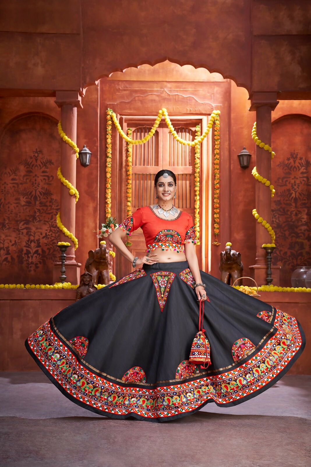 Black Art Silk Navratri Lehenga Choli with Red Blouse and Dupatta