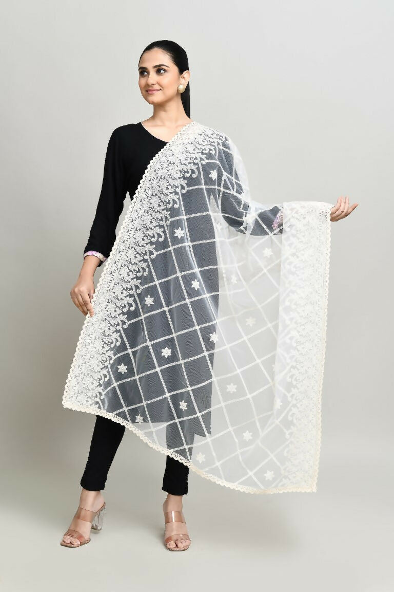 White Cotton Pakistani Karanchi Dupatta with Intricate Embroidery