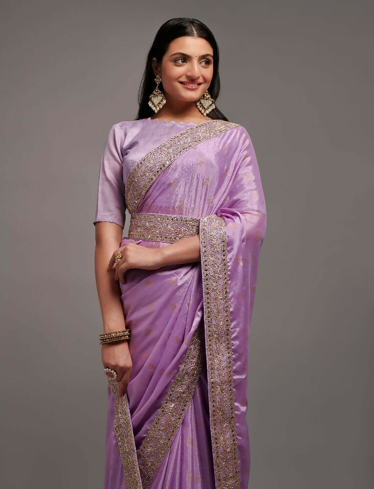 Onion Chinon Silk Saree with Elegant Embroidery Lace Border