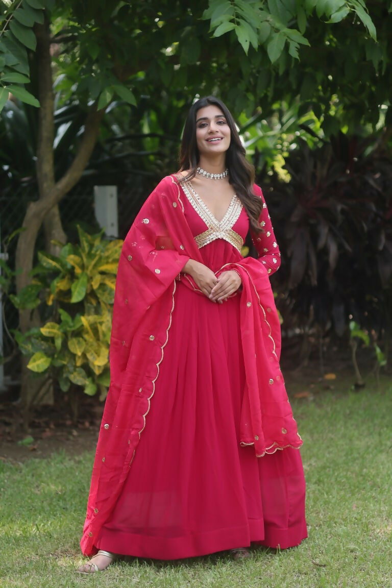 Rani Pink Faux Blooming Sequins Zari Embroidered Anarkali Dress