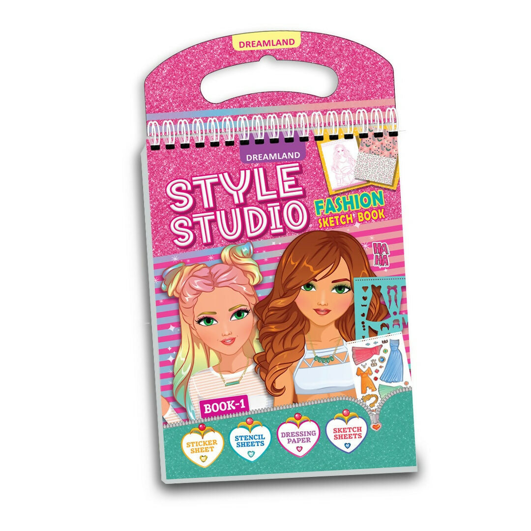 Style Studio Fashion Sketch Activity Book 1 with art supplies for girls aged 4-8