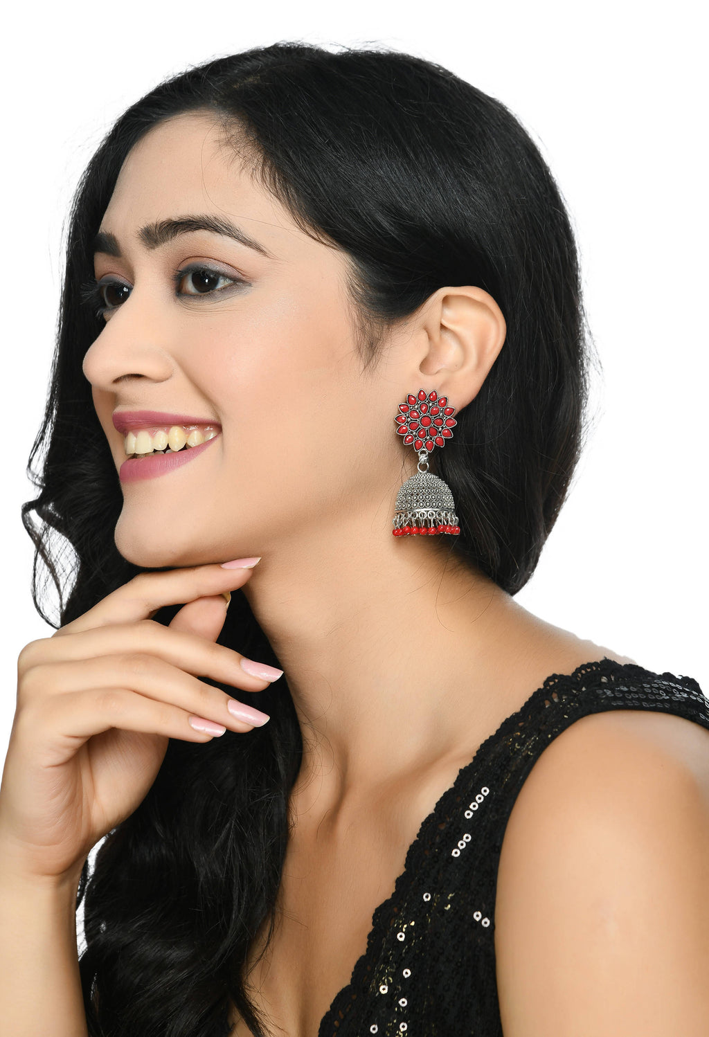 Kundan Work Jhumka Earrings with Red Beads for Festive Wear