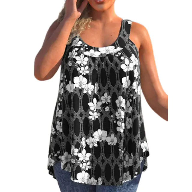 Women Floral Print Round Neck Sleeveless Tank Top Casual Loose - Image 23