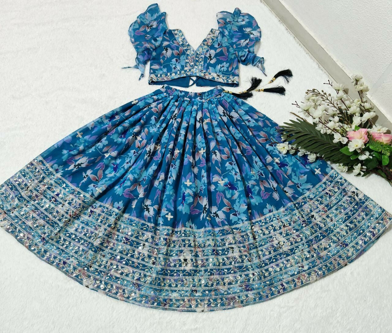 Girls Blue Faux Georgette Sequins Embroidered Lehenga Choli