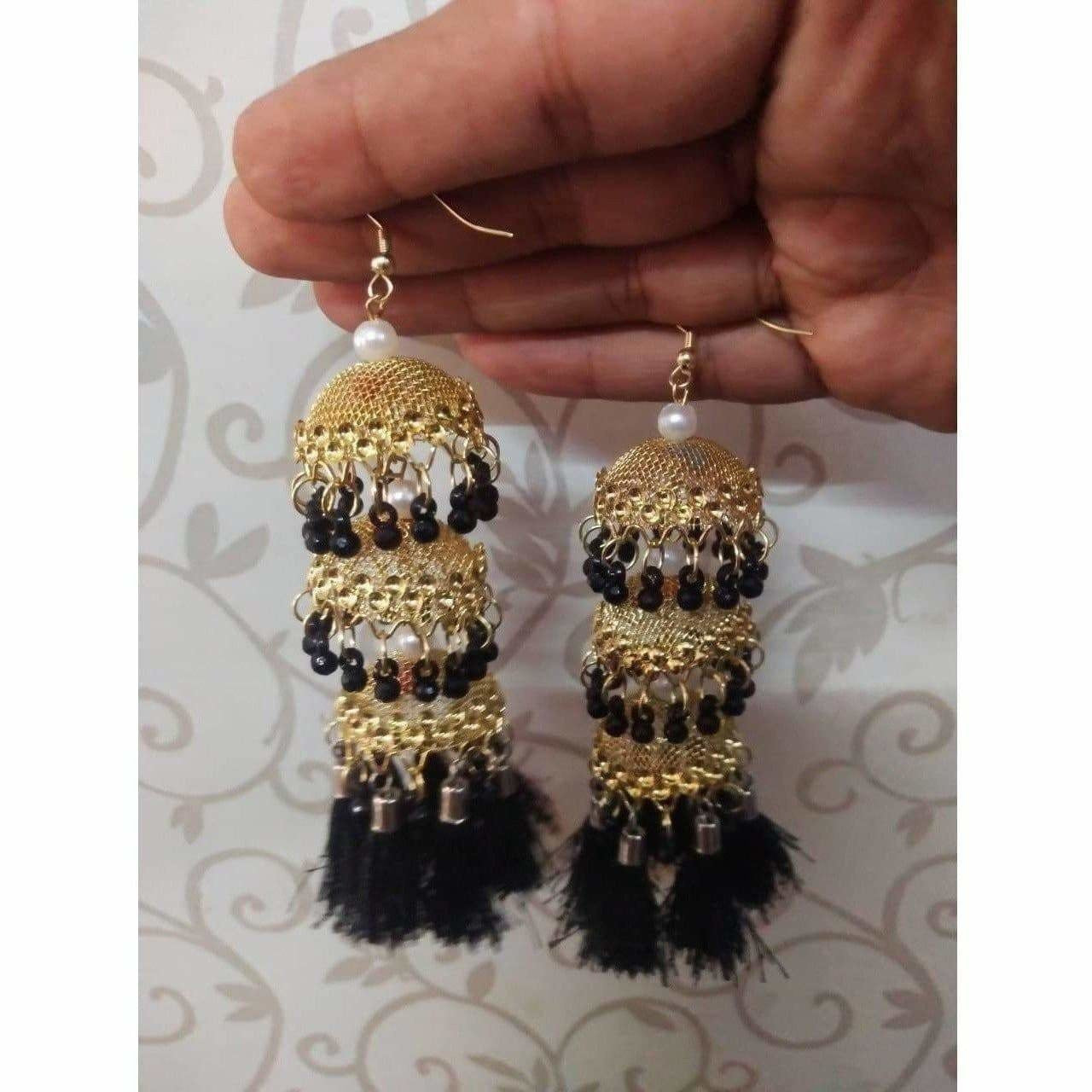 Gold Latkan Jhumkas with black beads and silk thread detailing