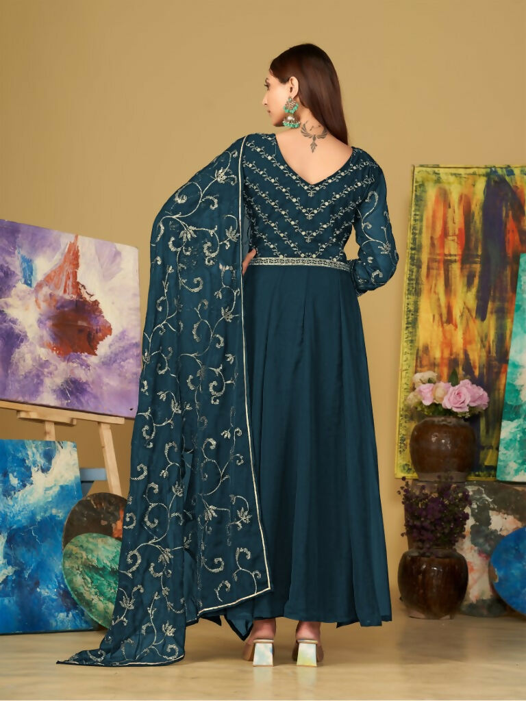 Women's Teal Georgette Embroidered Anarkali Kurta Pant Set