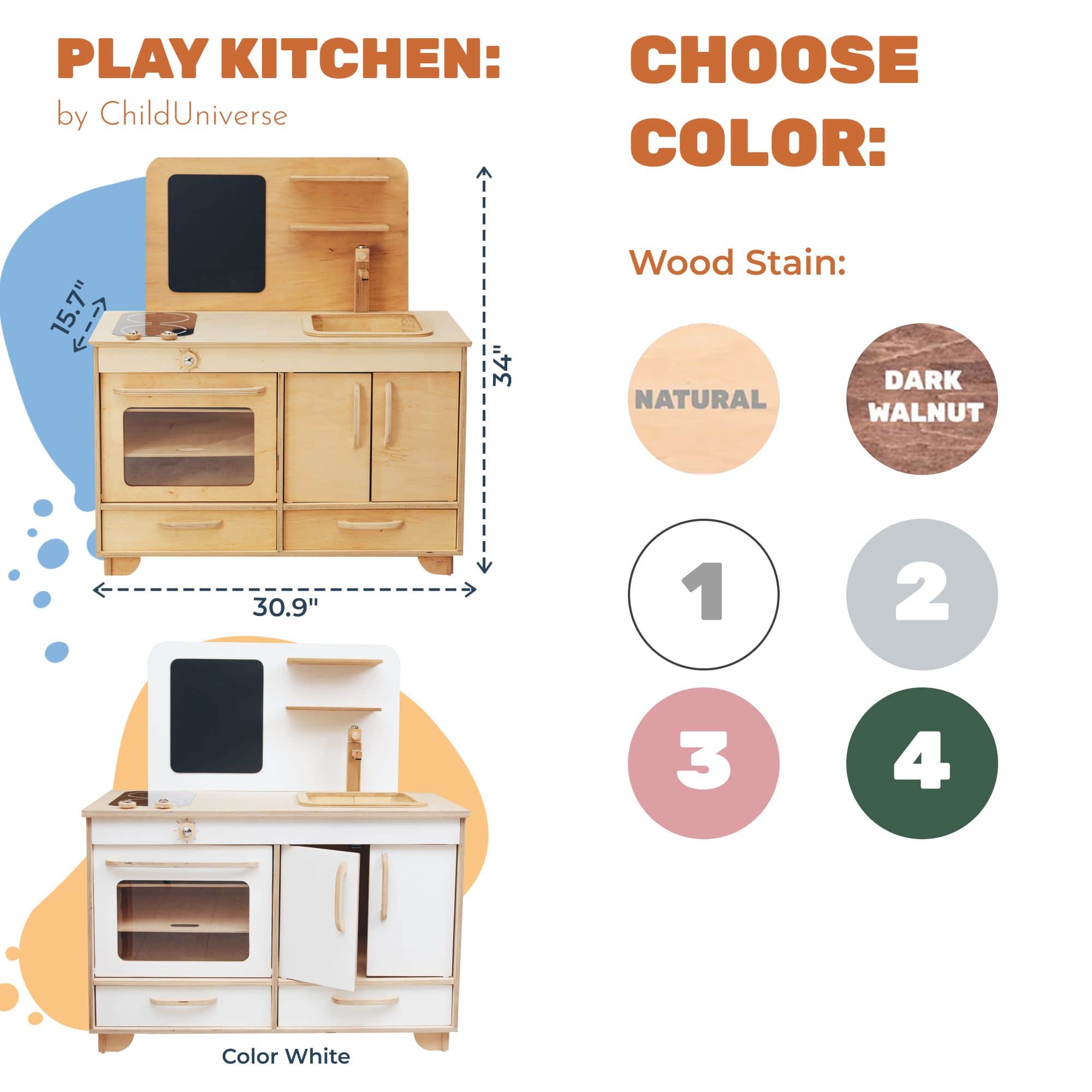 Natural Wooden Play Kitchen for Toddler Pretend Play