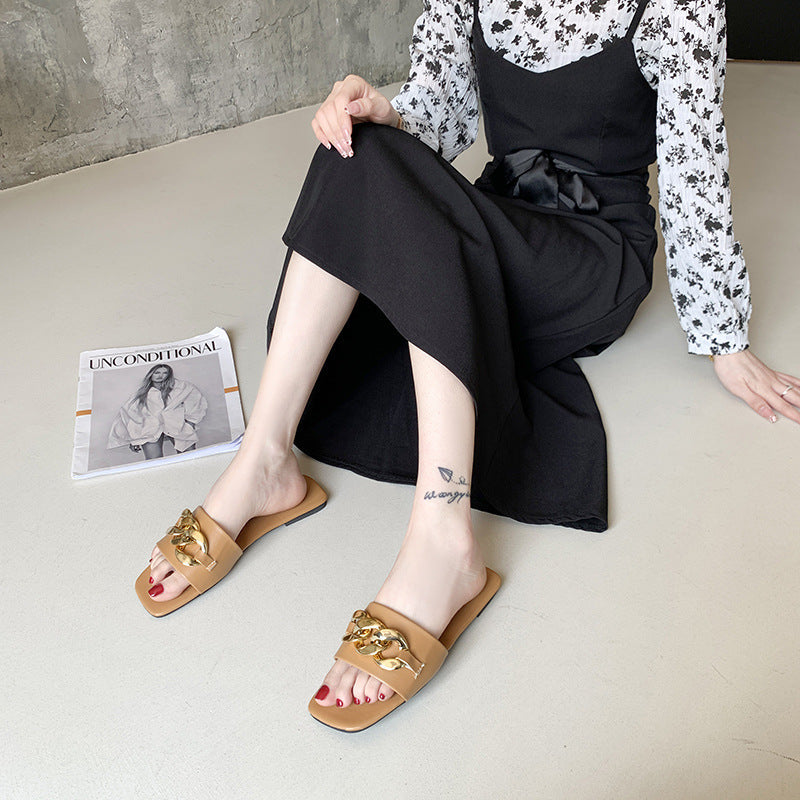 Gold Chain Detail Closed Toe Mules Flat Square Head Slip On Slides