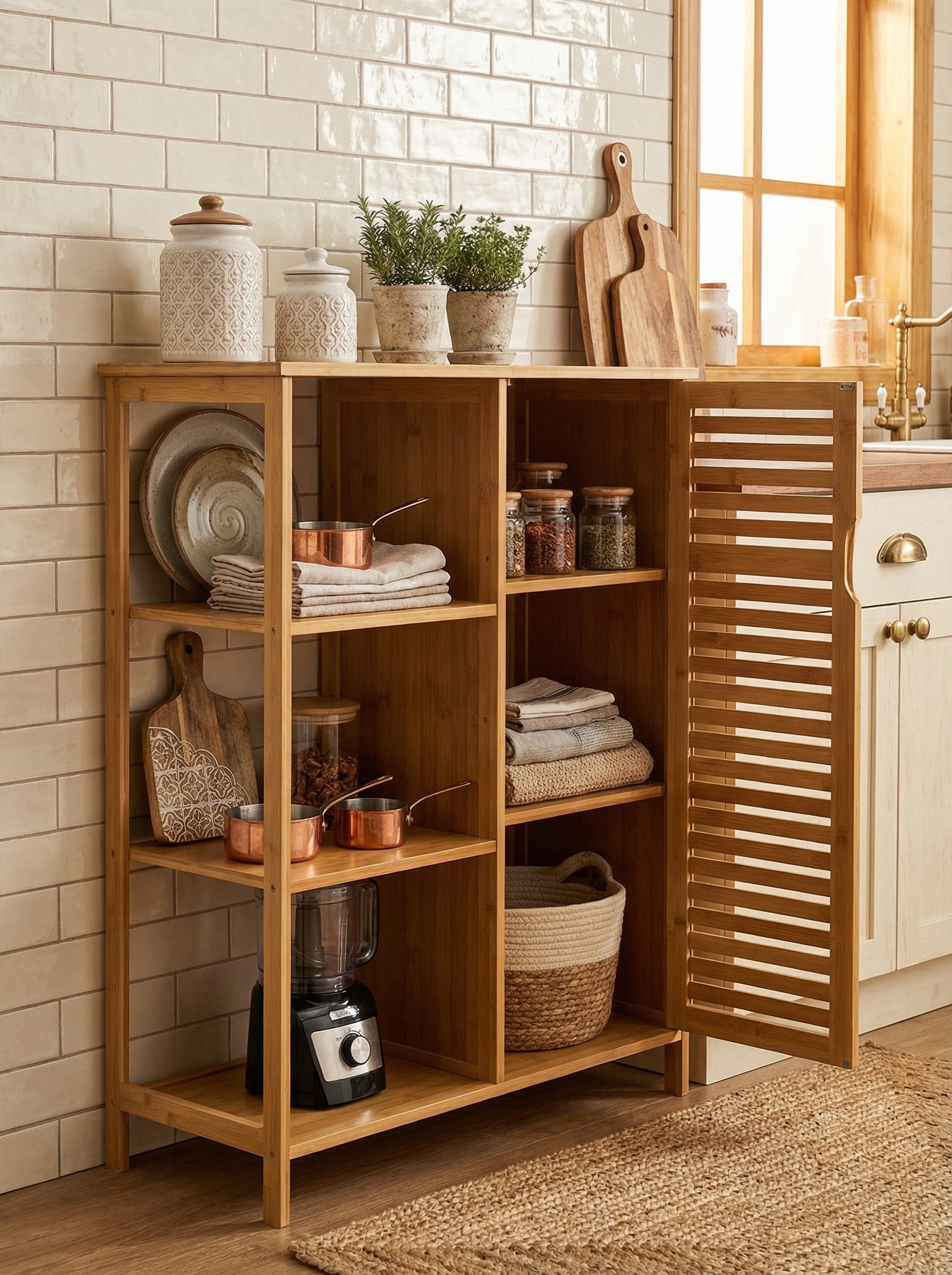 4-Tier Bamboo Floor Cabinet with Doors for Minimalist Storage