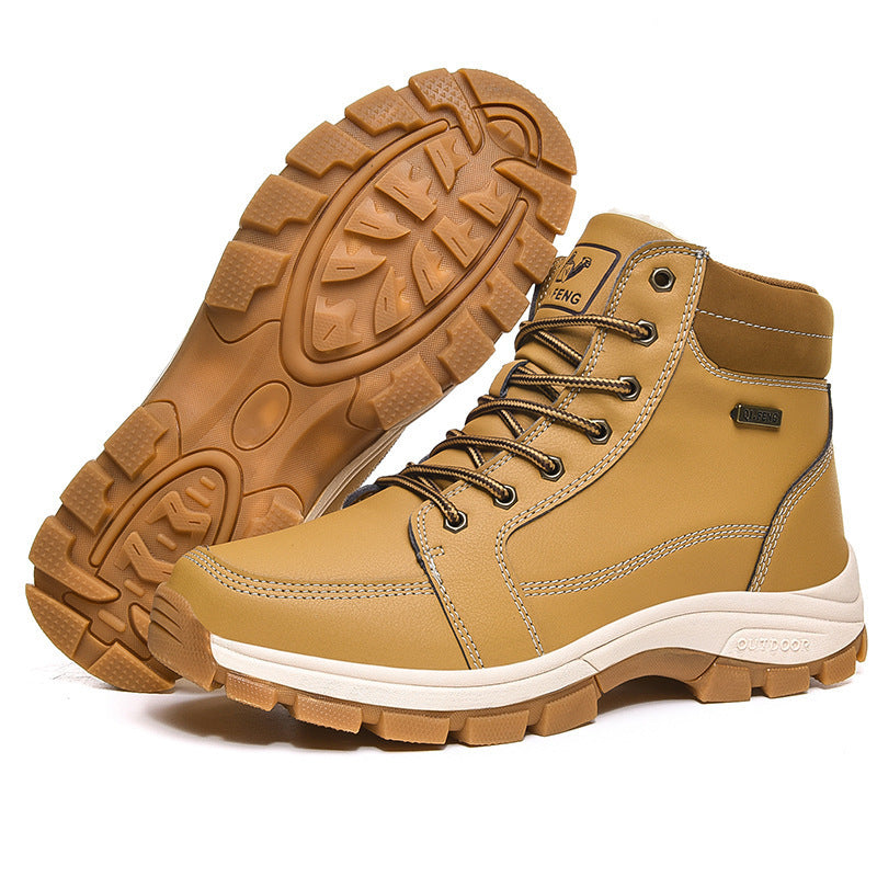 Brown men's waterproof winter snow boots with reflective PVC details and non-slip sole