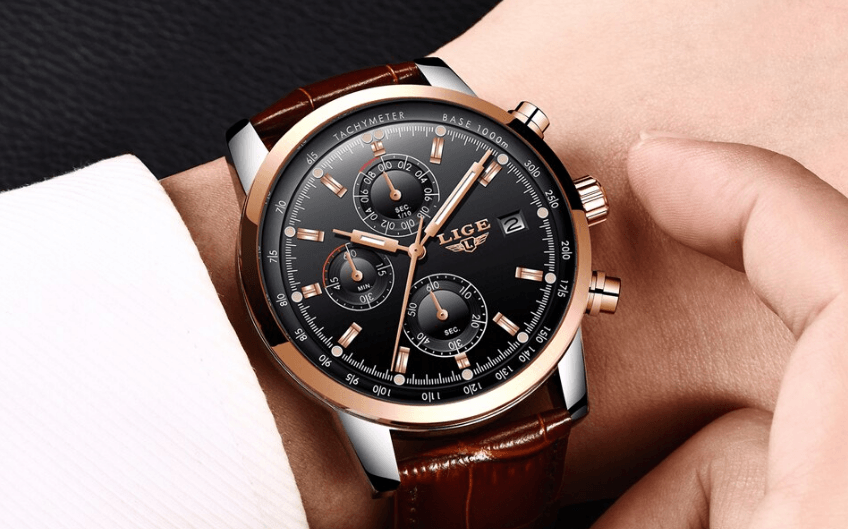 Waterproof Men's Quartz Watch with Chronometers and Brown Strap