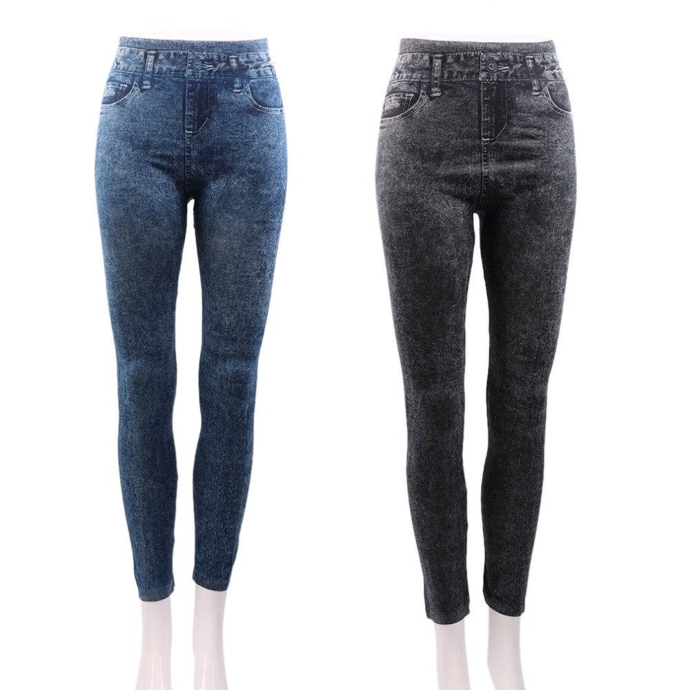 Women's Elastic Waist Stretch Denim Leggings with Functional Pockets