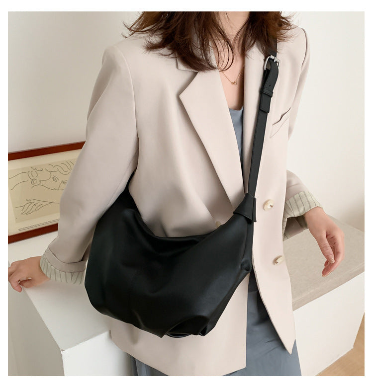 Women's PU Leather Half Round Shoulder Bag with Wide Belt and Chain