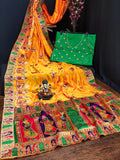 Yellow Vichitra Silk saree with embroidery and diamond work details and unstitched blouse fabric