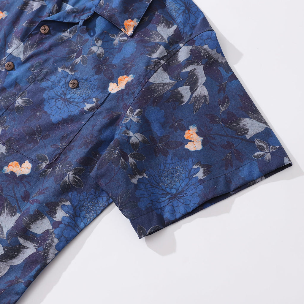 Dark Blue Peony Print Hawaiian Shirt Men's Short Sleeve Cotton
