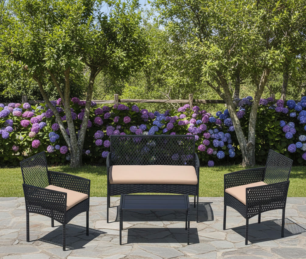 4-Piece Outdoor Patio Furniture Set with Wicker Rattan Sofa & Table