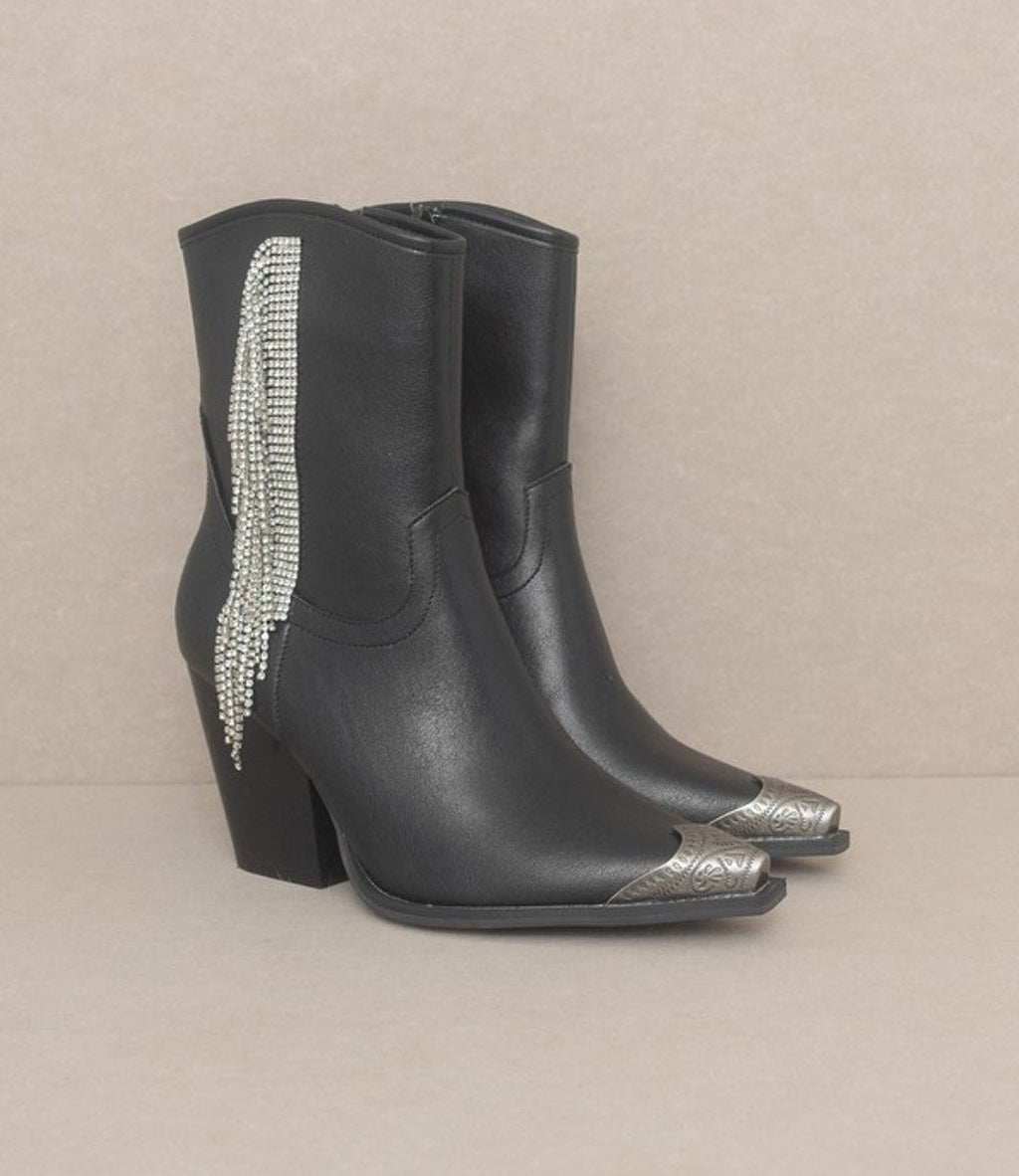 Black Rhinestone Fringe Western Ankle Boots with Etched Toe Cap