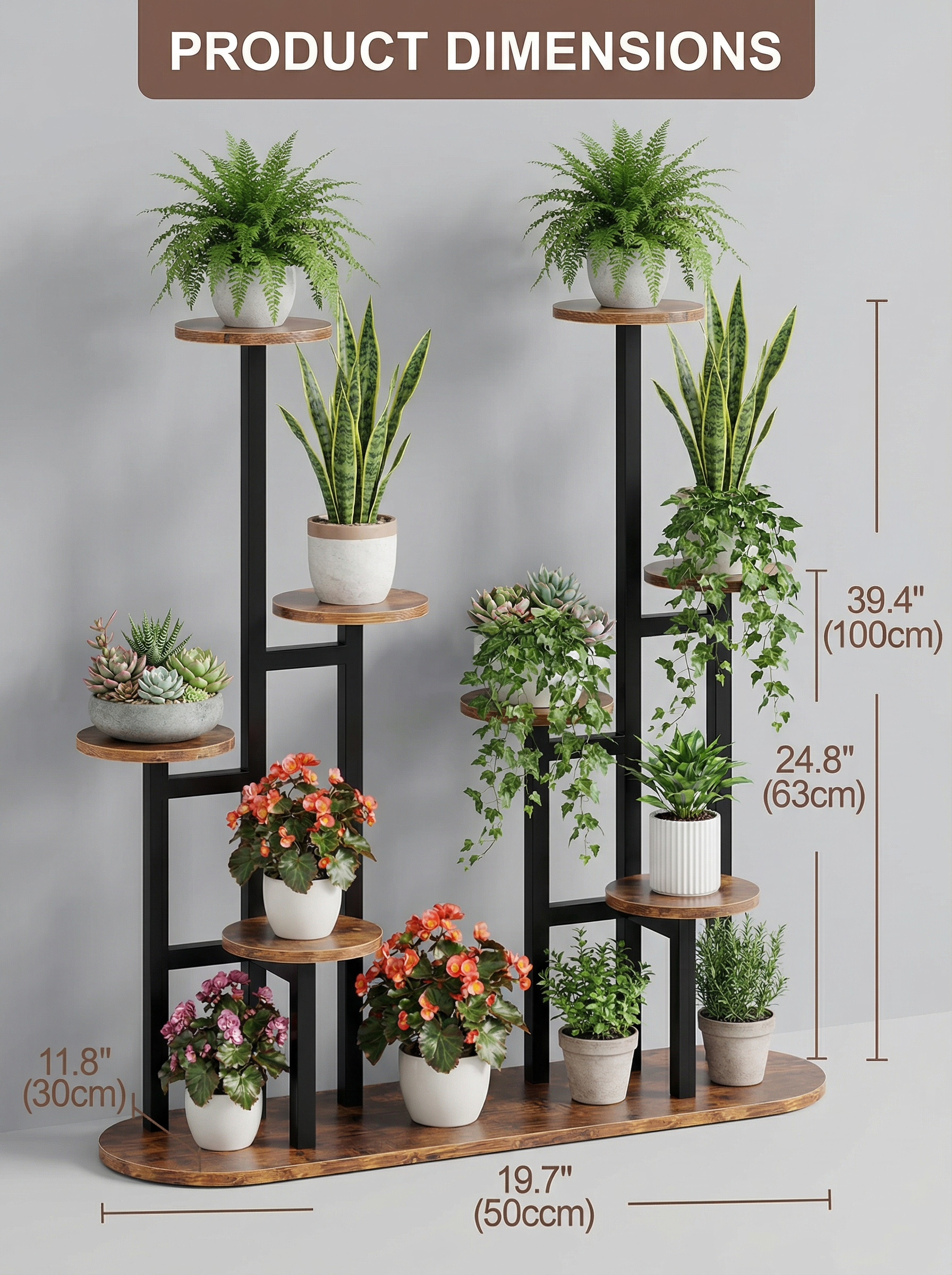 8-Tier Metal & Wood Plant Stand, Modern Indoor Outdoor Flower Rack