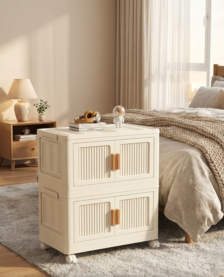Foldable rolling storage bin cabinet with multiple layers in a home organization setting.