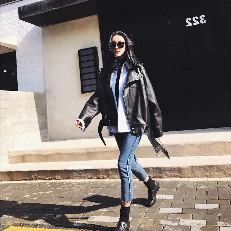 Women's PU Faux Leather Biker Jacket with Sashes