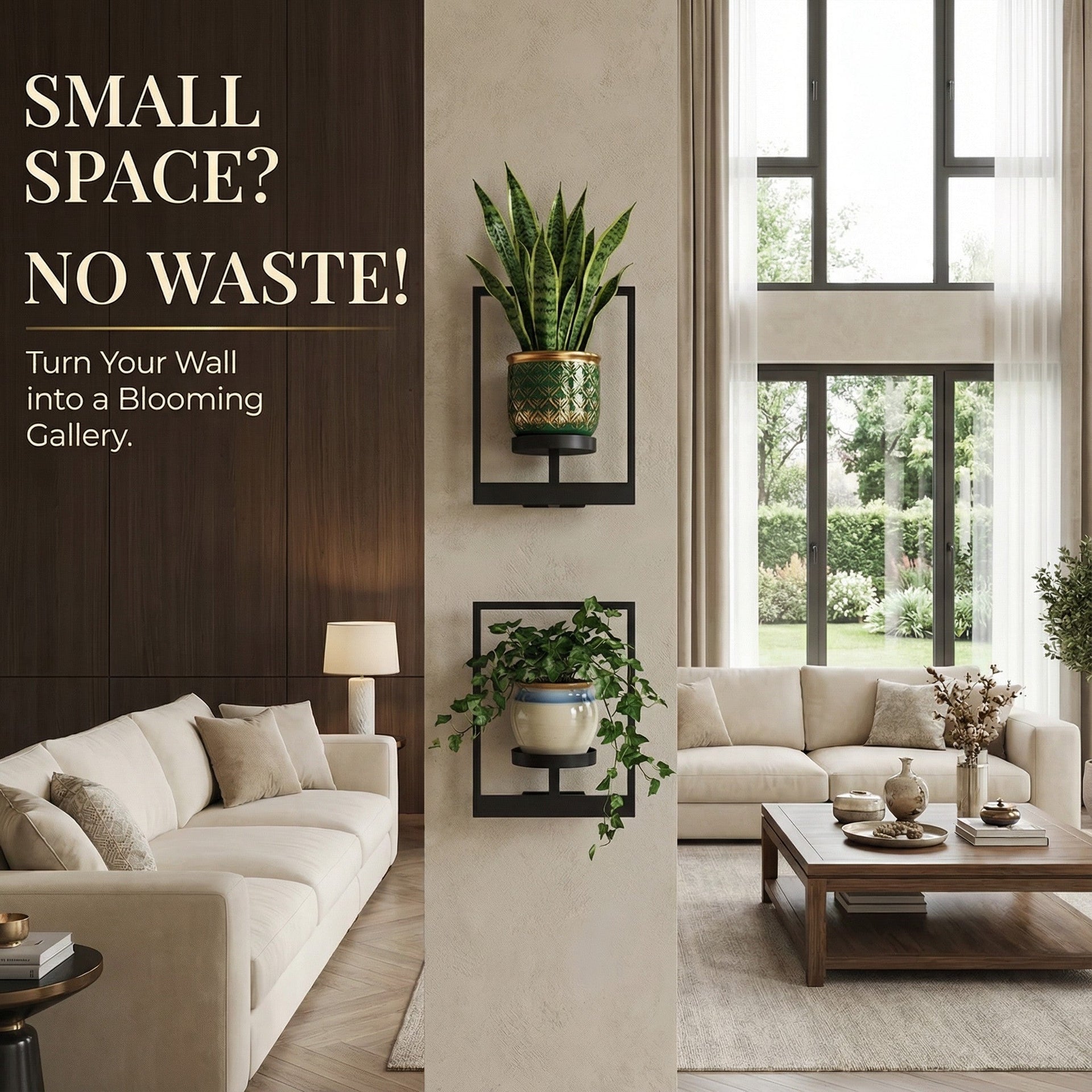 Modern Metal Window-Style Wall Frame Set with Shelf, Matte Black