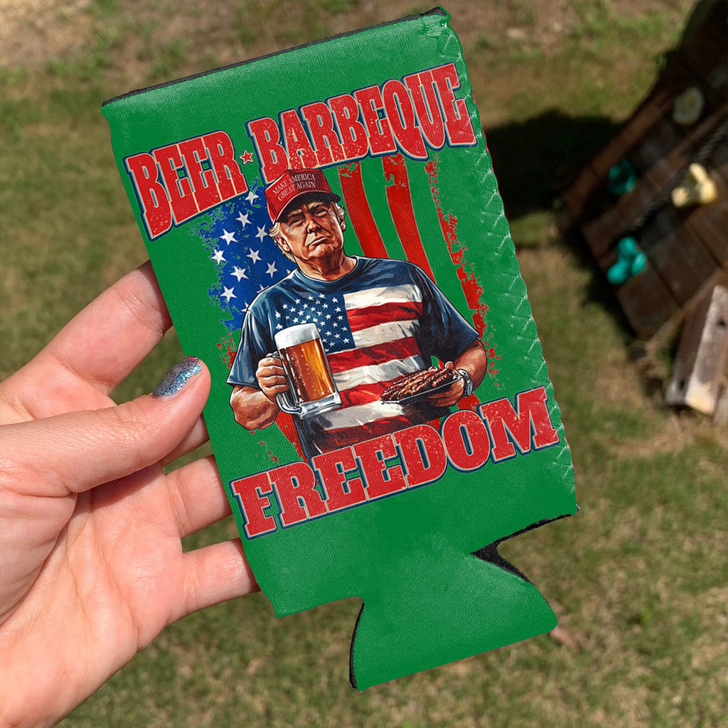 Beer BBQ Freedom Can Cooler | President Trump Can Holder | 4th Of July Can Sleeve For Drinks 682466 - GOP