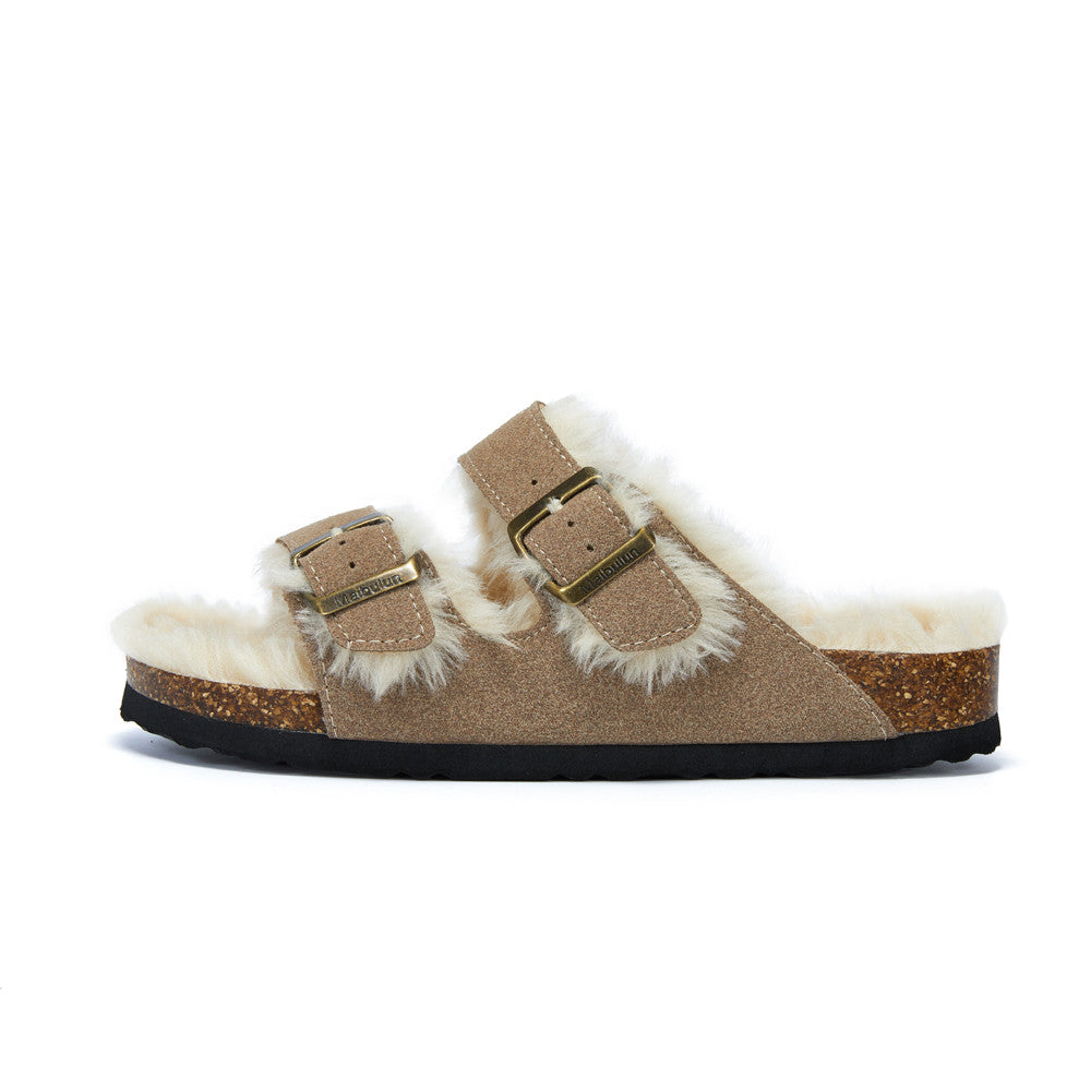 Women's Fur-Lined Adjustable Buckle Clog Slippers for Indoor Outdoor