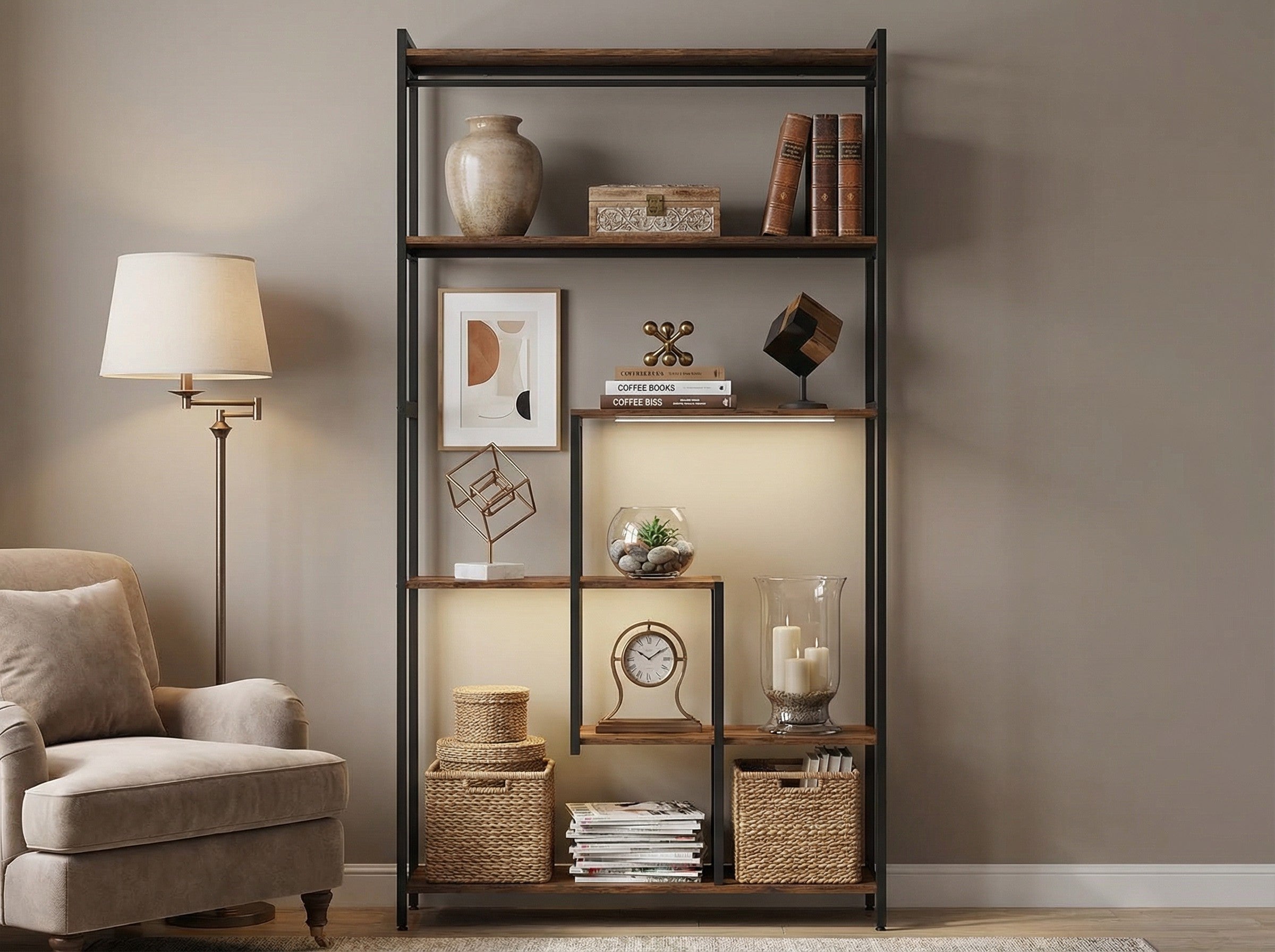 5-Tier Industrial Metal Display Shelf with LED Lighting