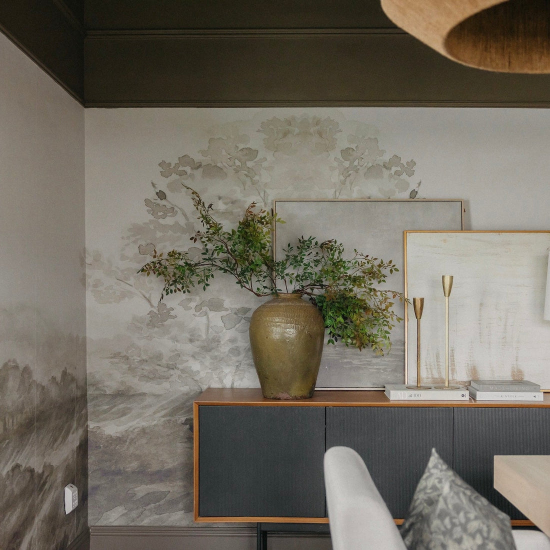 Somerset Fields wallpaper in taupe and cream with a nature-inspired aesthetic.