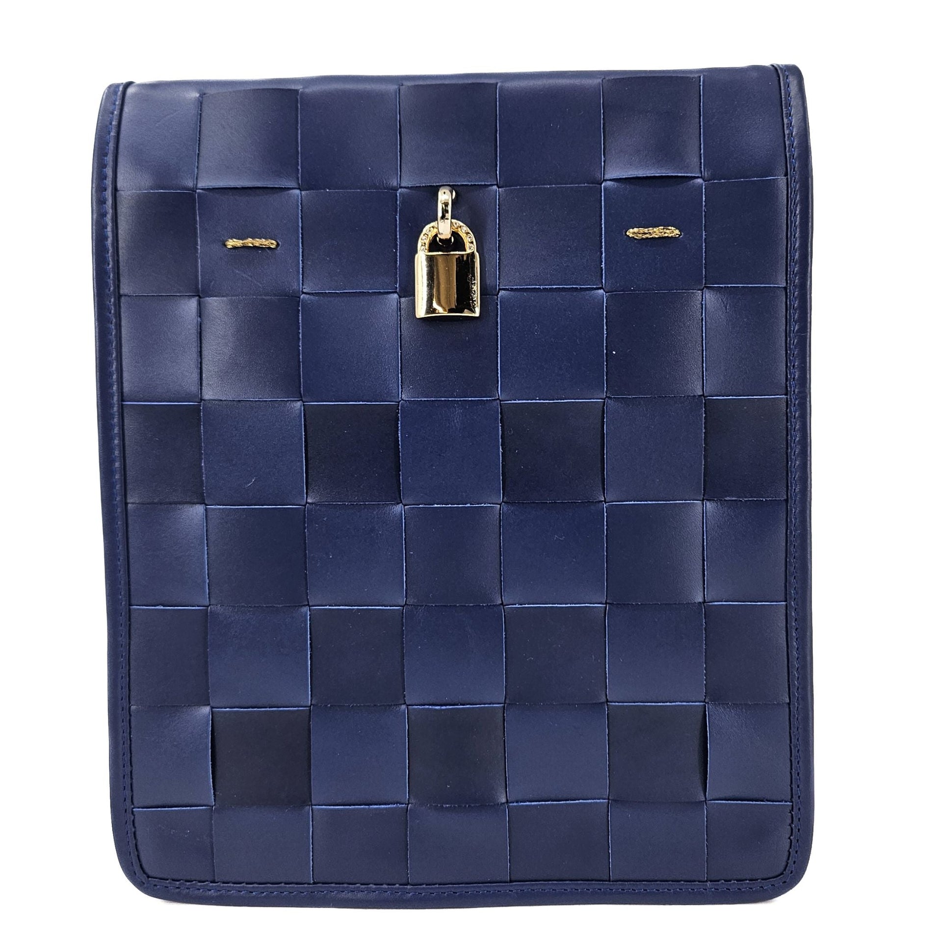 Woven Leather Navy Blue Crossbody Bag with Gold Lock Detail - Image 2
