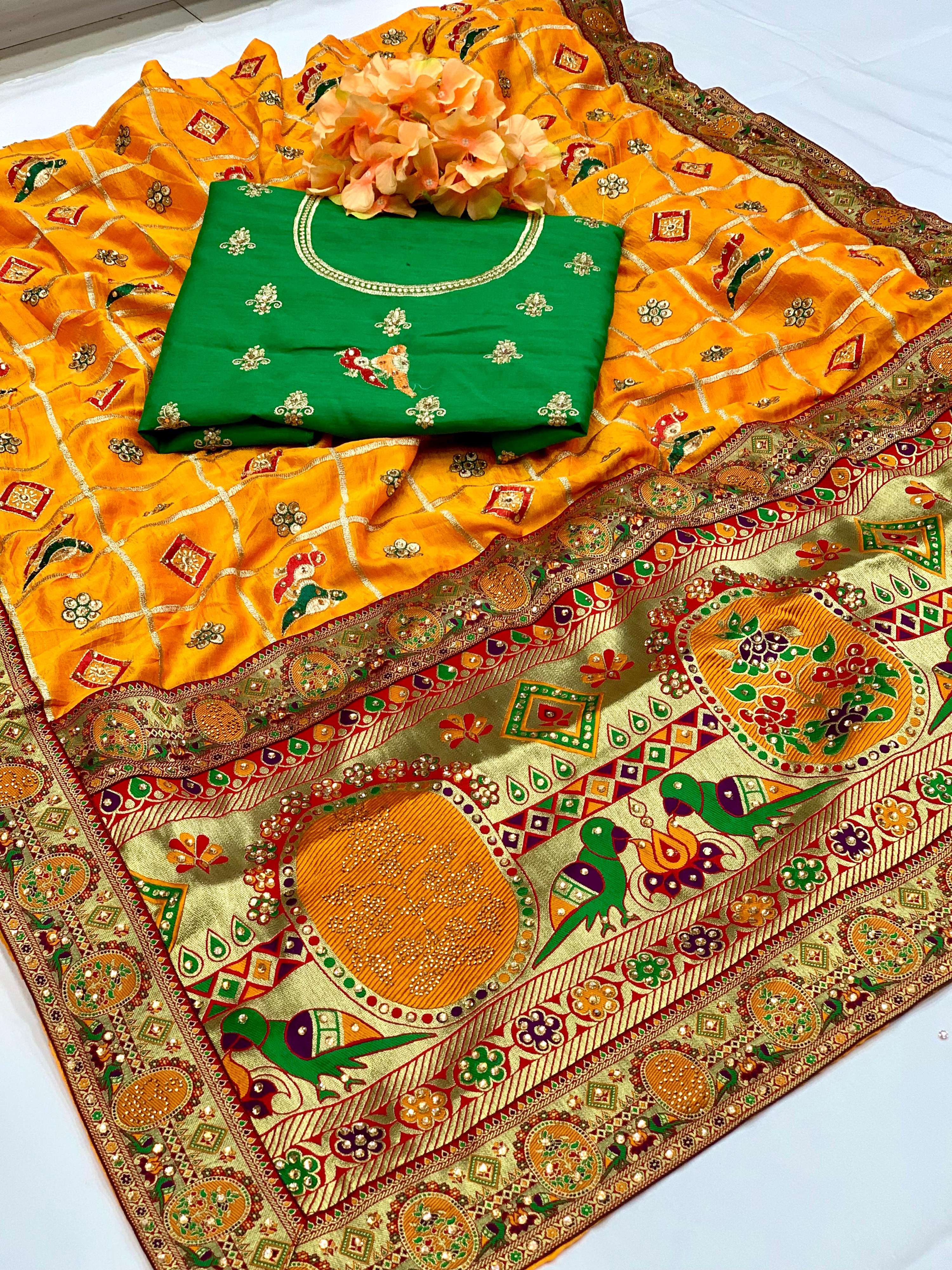 Yellow Vichitra Silk saree with intricate embroidery and diamond embellishments