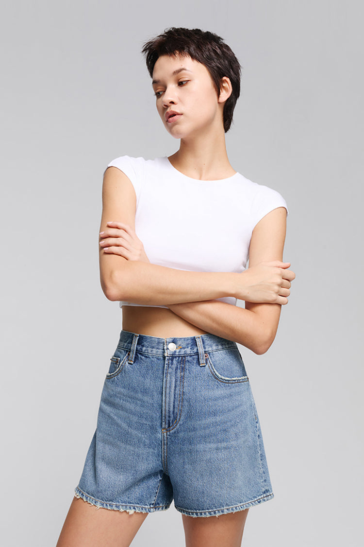 High-Rise Buckle Shorts in Brown Sugar