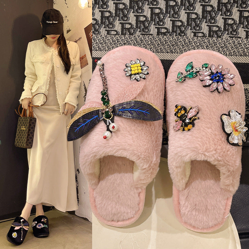 Women's Diamond Faux Fur Memory Foam Indoor Outdoor Slippers