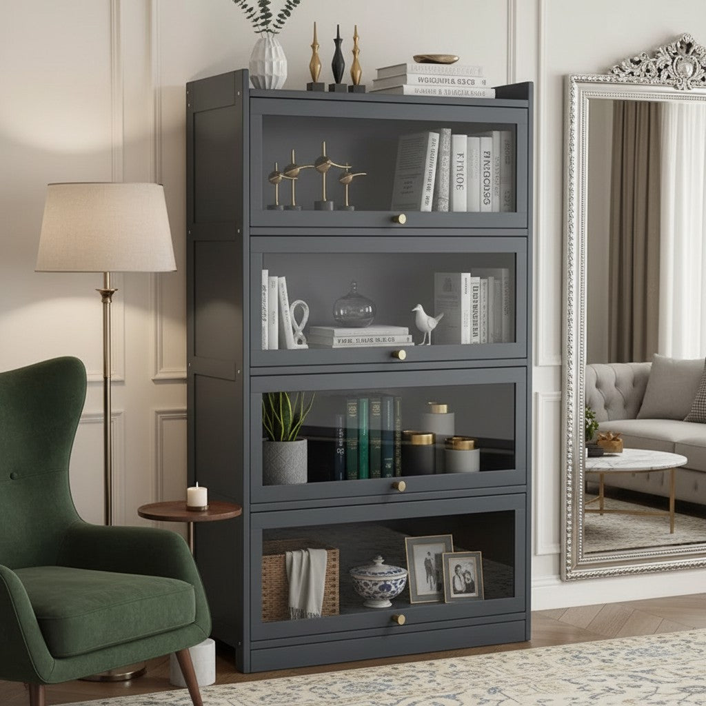 Tall 4-Tier Bamboo Bookshelf with Modern Clear Acrylic Doors