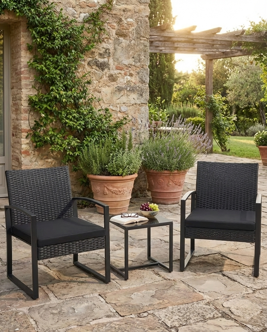 3-Piece Modern Wicker Patio Bistro Set with Beige Cushions