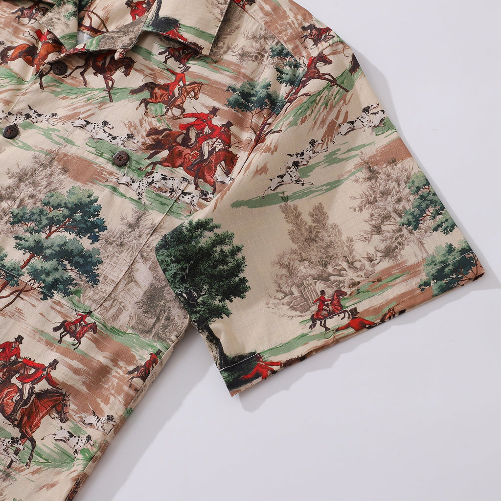 Men's Vintage Equestrian Print Shirt, Preppy Camp Collar Top