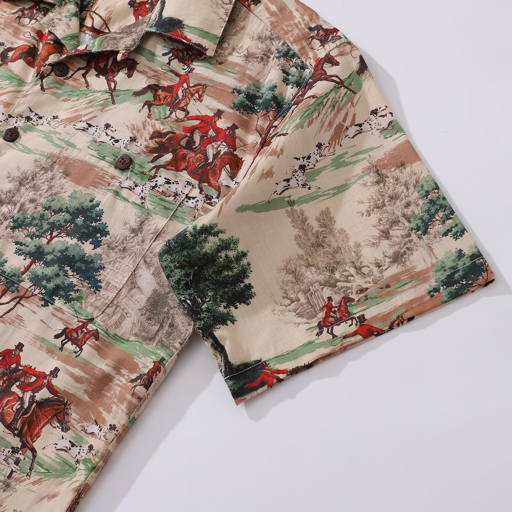 Men's Vintage Equestrian Print Shirt, Preppy Camp Collar Top