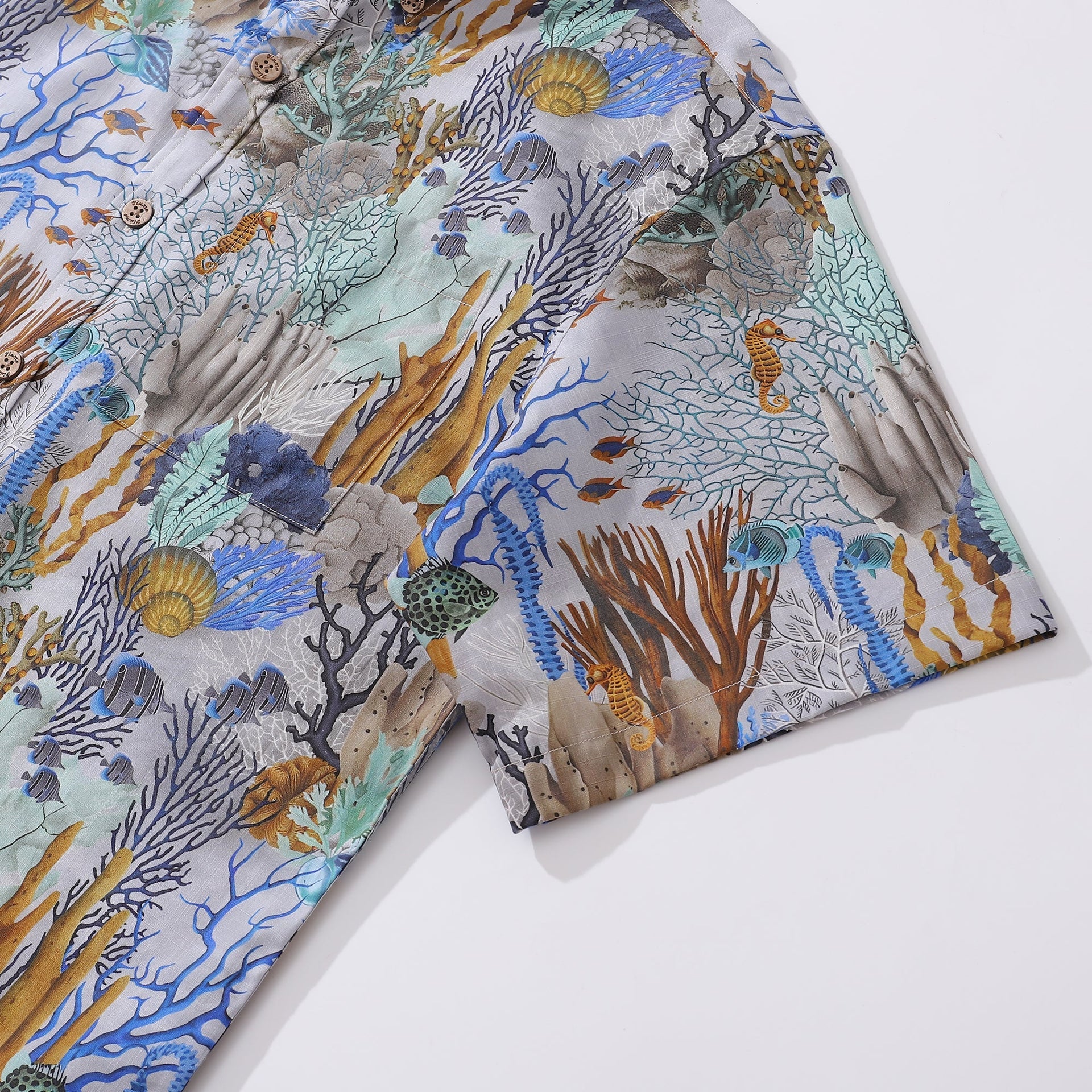 Gray Marine Life Print Short Sleeve Cotton Button-Down Shirt