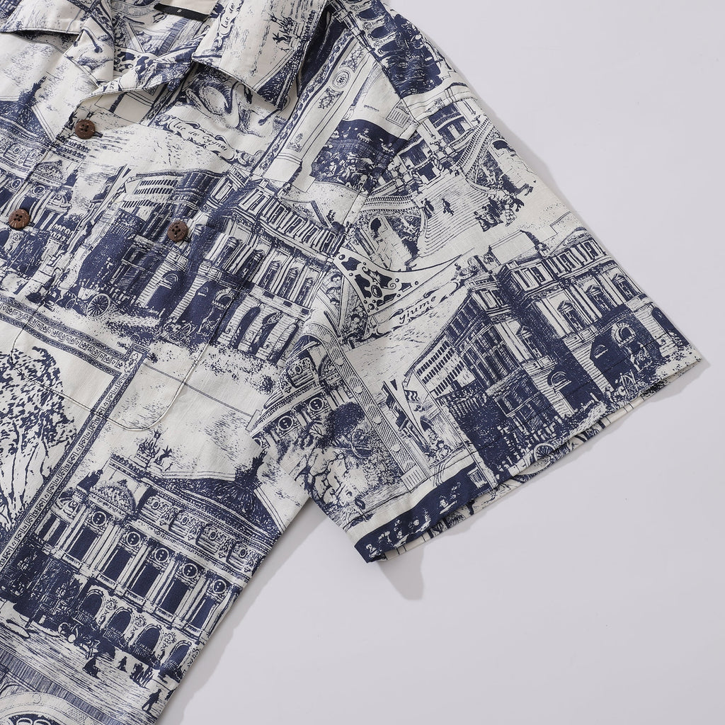 Men's Artistic Blue & White European Scene Cotton Camp Collar Shirt