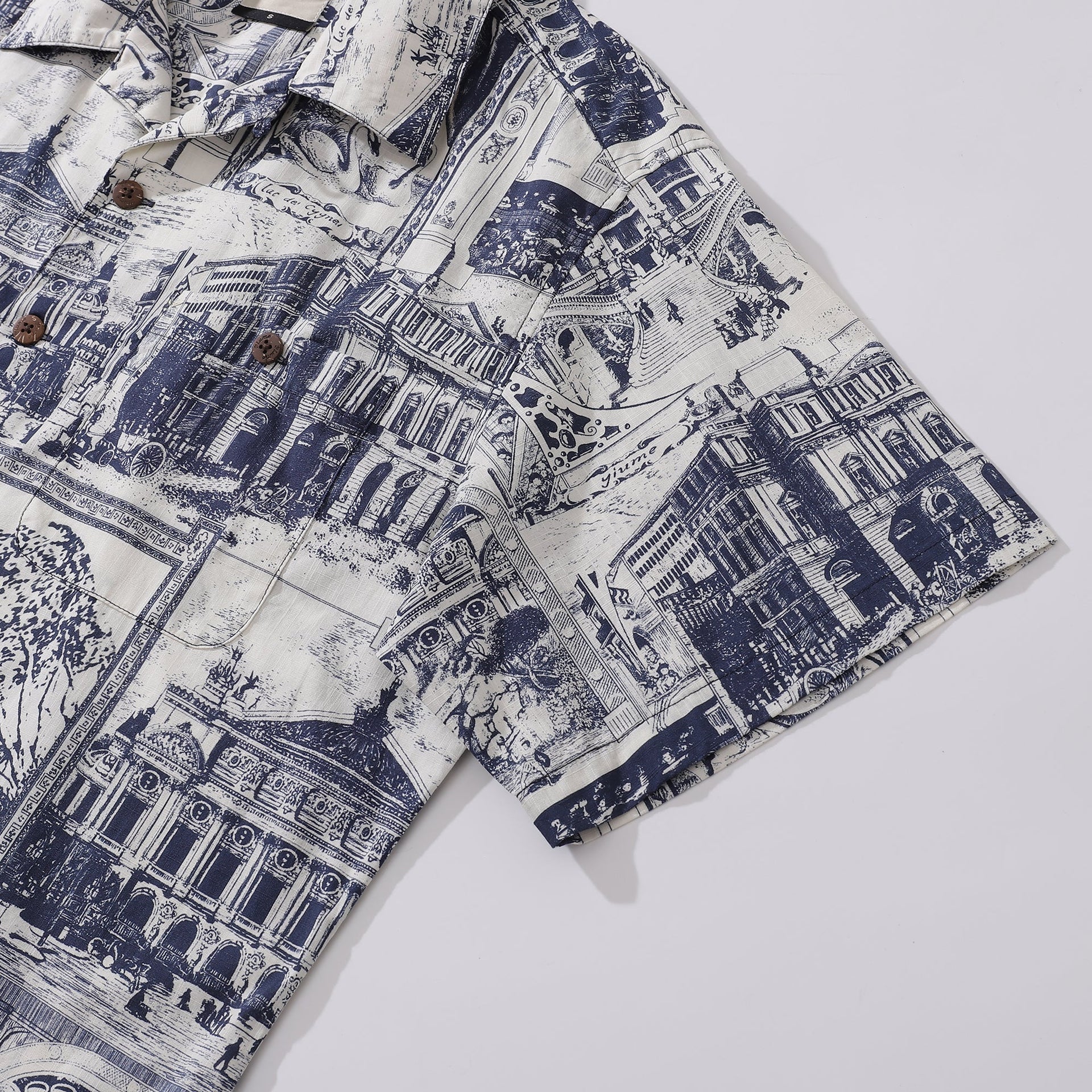 Men's Artistic Blue & White European Scene Cotton Camp Collar Shirt