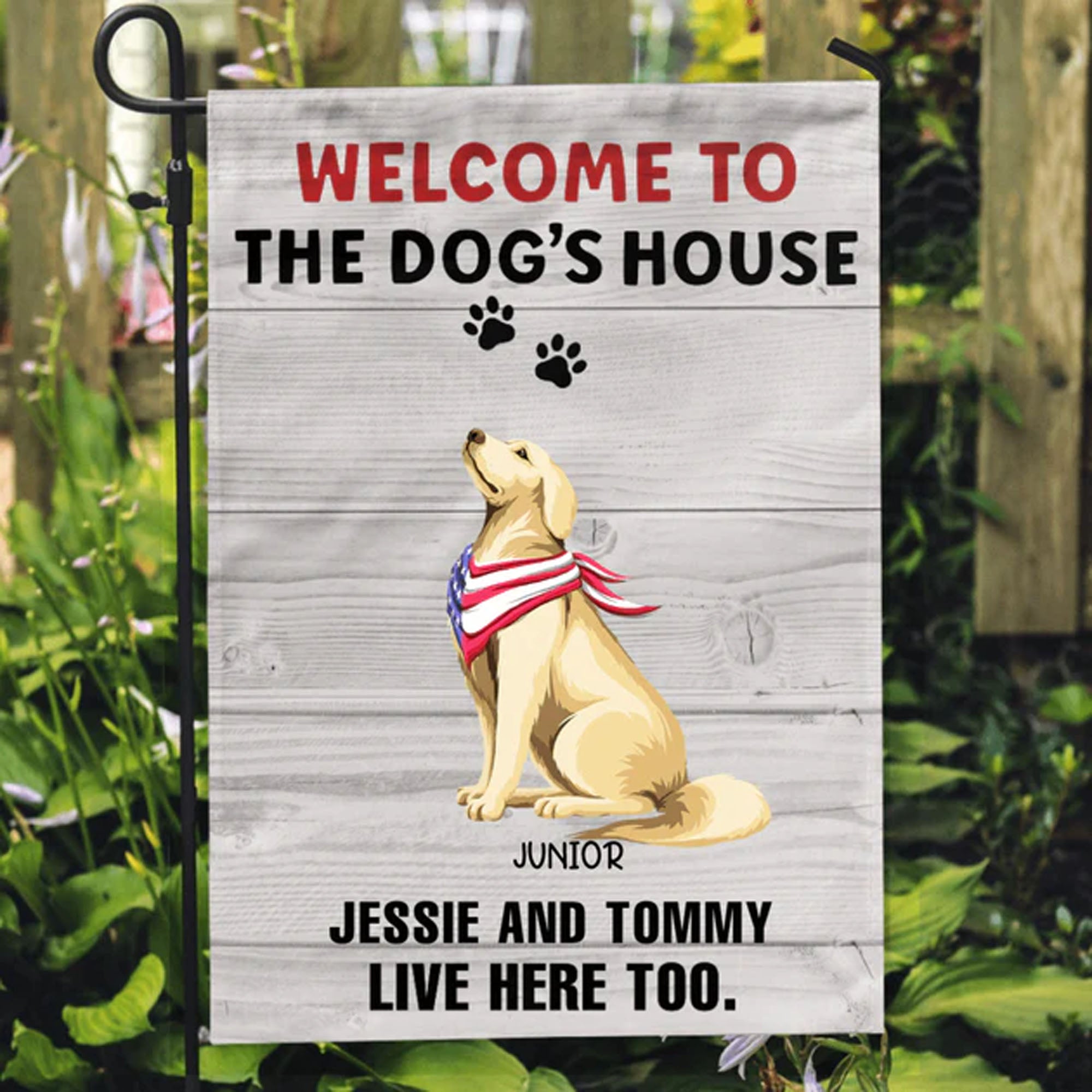 Welcome to The Dogs House Valiant Personalized Custom Dog Garden Flag